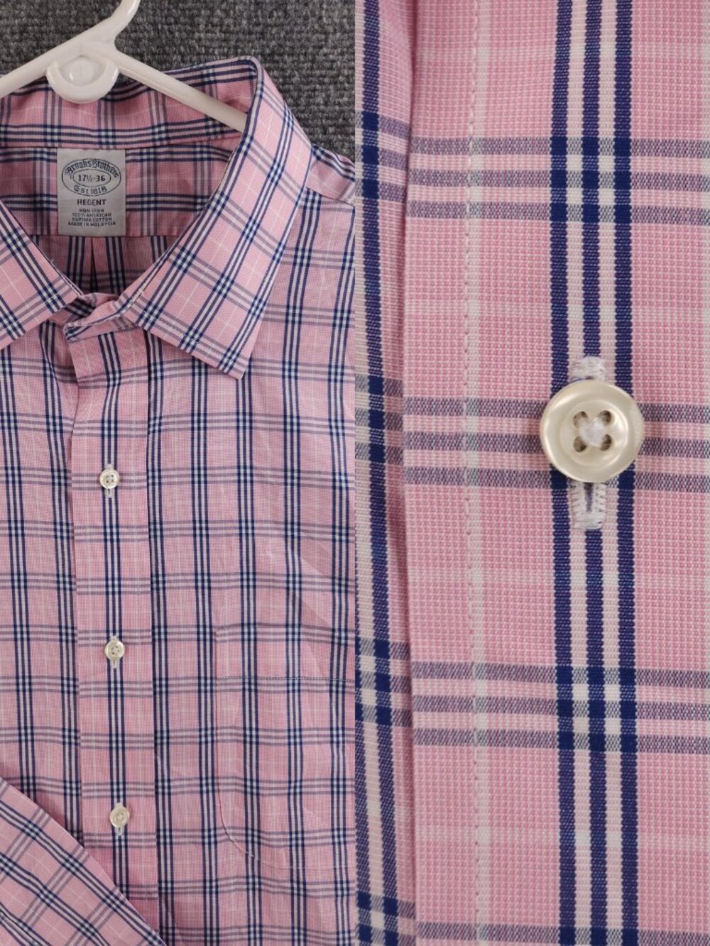 Brooks Brothers 17.5 36 Supima Blue Pink Non-Iron Regent Plaid Cotton Pocket Men